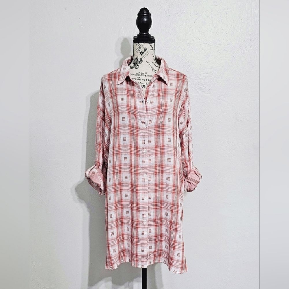Max Studio Checkered Button-Up Oversized Tunic Sh… - image 1